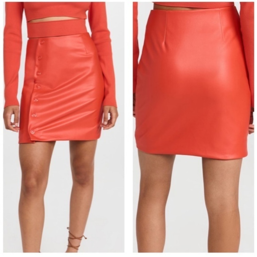 Sally LAPOINTE NWT 4 Poppy Red Orange Faux Leather Snap Front Mini Skirt